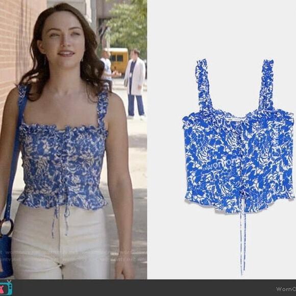 Zara Blue Floral Print Lace Up Tie Sleeveless Ruffle Strap Crop Tank Top Size S - Picture 5 of 9